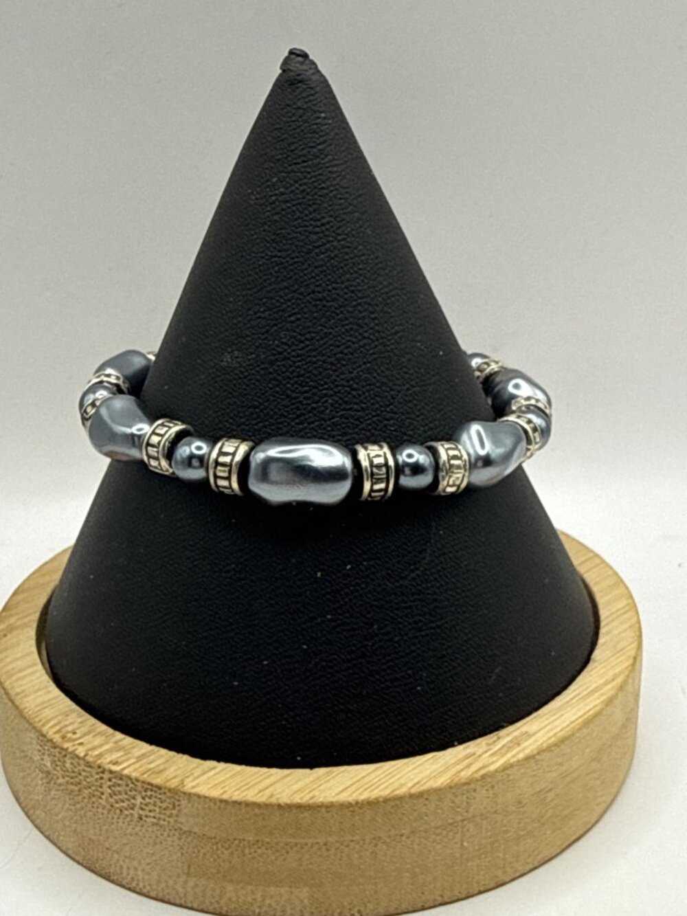 Light Blue Faux Pearl Stretch Bracelet Silver Greek Key Spacers